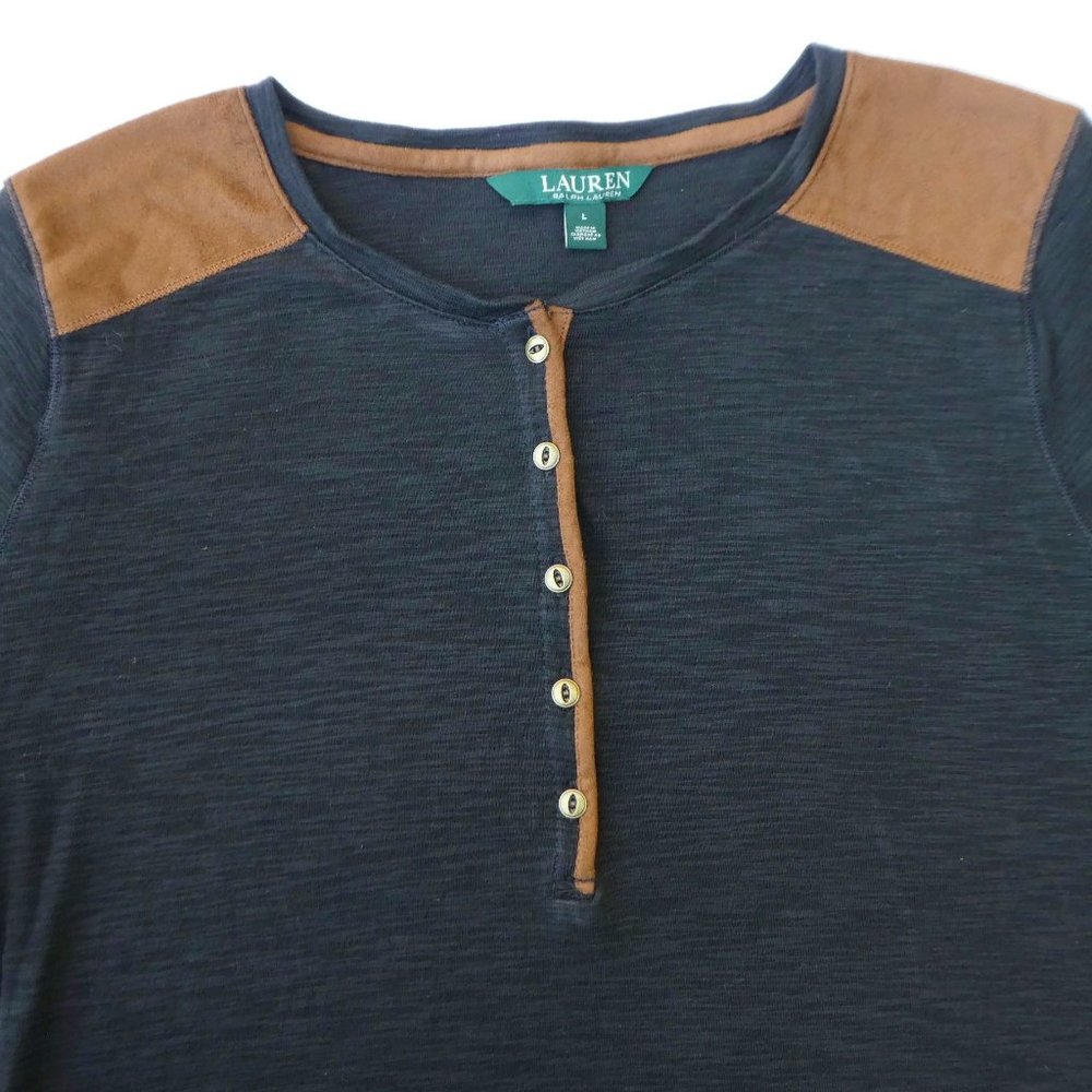 Lauren Ralph Lauren Henley Pullover Black Faux Leather Suede Shoulders Trim L